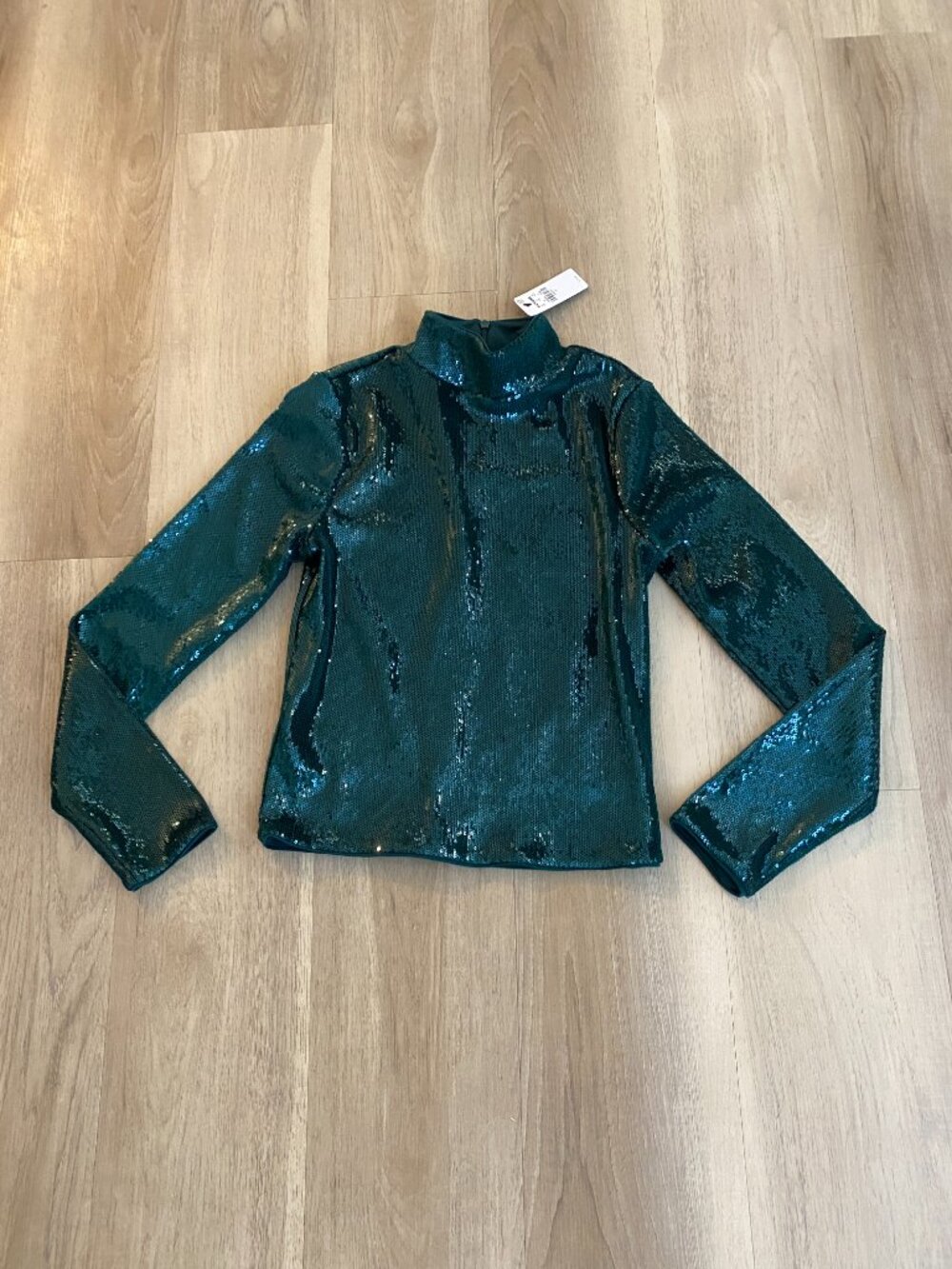 NWT Express Body Contour Emerald Sequin Mock Neck Long Sleeve Top S